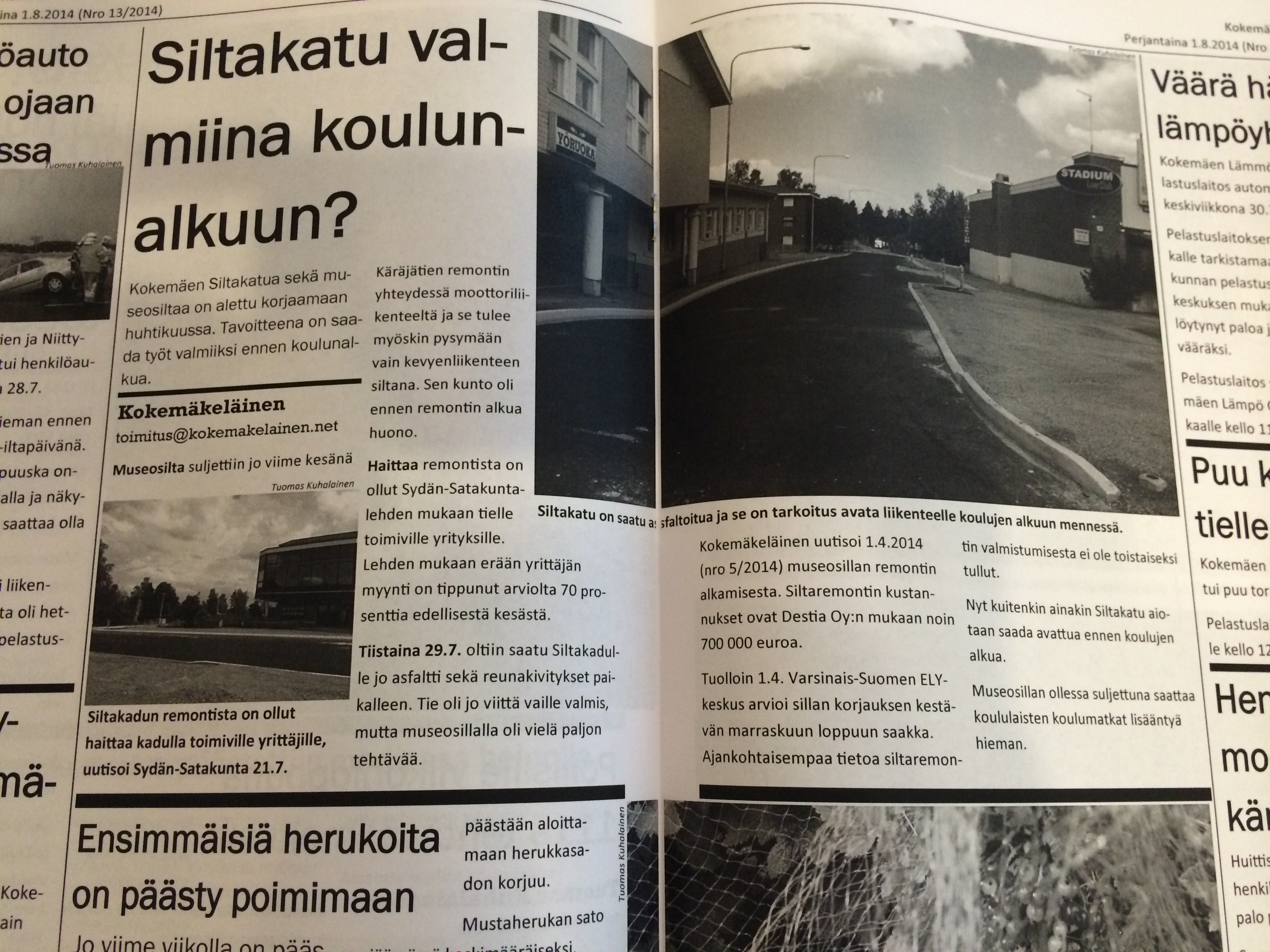 Kokemäkeläinen käsitteli museosillan sekä Siltakadun remonttia elokuun numerossaan (13/2014).